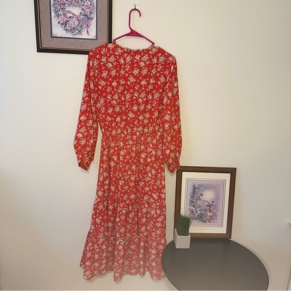 Black Tape Women’s Red Flowy Faux Wrap Midi Dress - Picture 8 of 8